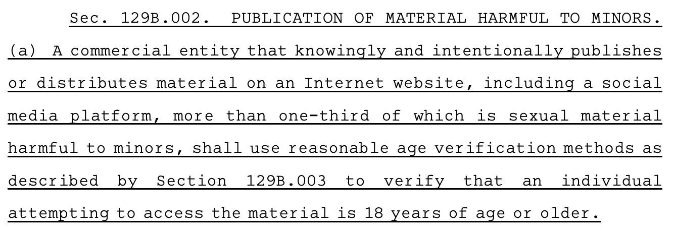 Sec.A129B.002.AAPUBLICATION OF MATERIAL HARMFUL TO MINORS. (a) A commercial entity that knowingly and intentionally publishes or distributes material on an Internet website, including a social media platform, more than one-third of which is sexual material harmful to minors, shall use reasonable age verification methods as described by Section 129B.003 to verify that an individual attempting to access the material is 18 years of age or older.